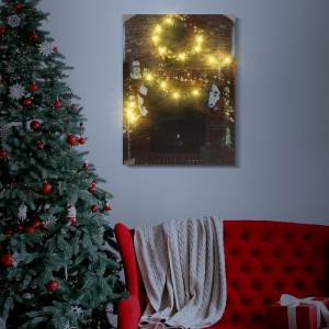 Karácsonyi LED-es hangulatkép kandalló- fali akasztóval, 2 x AA, 30 x 40 cm