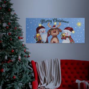 Karácsonyi LED-es hangulatkép-mikulás hóember rénszarvas - fali akasztóval, 2 x AA, 70 x 30 cm