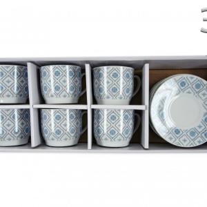 Kávés csésze és alj szett – 6+6 db kék geometriai mintás