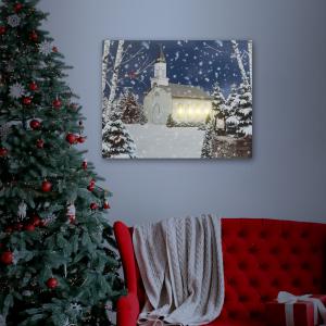 LED-es fali hangulatkép templom - téli táj - 2 x AA, 48 x 38 cm