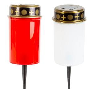 Leszúrható szolár mécses - pislákoló melegfehér LED - 7,3 x 20,5 cm - piros / fehér