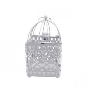 Madár kalitka fehér fém szögletes virágmintás 9,5x9,5x17,5cm