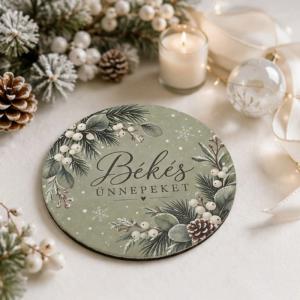Nyomtatott fa tábla - Békés ünnepeket koszorúközép 11,8cm