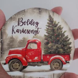 Nyomtatott fa tábla koszorú közép - Autós karácsonyi 14,8 cm nagy