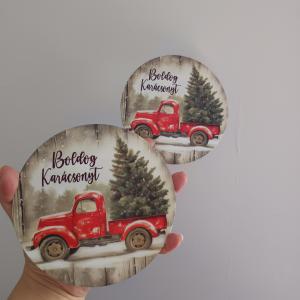 Nyomtatott fa tábla koszorú közép - Autós karácsonyi 14,8 cm nagy