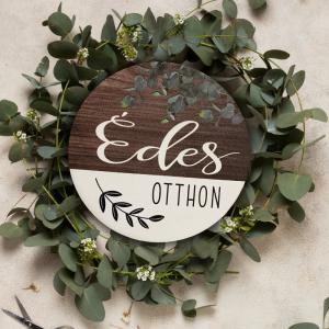 Nyomtatott fa tábla koszorú közép - Édes otthon eukaliptusz 14,8 cm