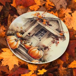 Nyomtatott fa tábla koszorú közép - Fehér-narancs tök házzal 14,8cm