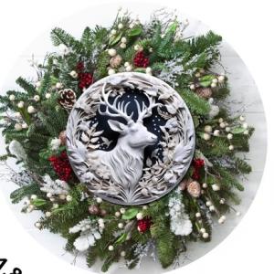 Nyomtatott fa tábla koszorú közép - Fehér szarvas 11,8cm