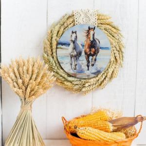 Nyomtatott fa tábla koszorú közép - Lovak tengerparton 11,8cm