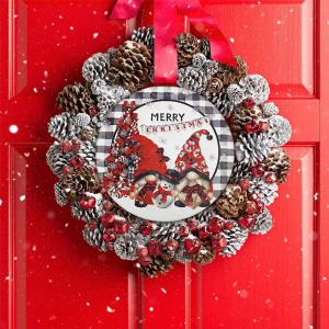 Nyomtatott fa tábla koszorú közép - Merry Christmas manós 14,8cm