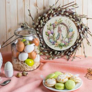 Nyomtatott fa tábla koszorú közép - Nyuszis koszorú tojásokkal 14,8cm