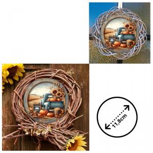 Nyomtatott fa tábla koszorú közép - Őszi táj kék teherautóval 11,8cm