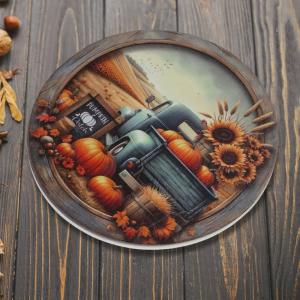 Nyomtatott fa tábla koszorú közép - Őszi táj kék teherautóval 14,8cm