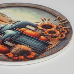 Nyomtatott fa tábla koszorú közép - Őszi táj kék teherautóval 14,8cm