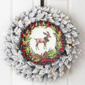 Nyomtatott fa tábla koszorú közép - Szarvasos piros kockás 14,8cm