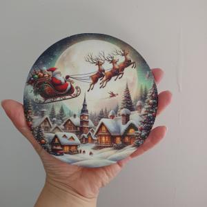 Nyomtatott fa tábla koszorú közép - Télapó a város felett 14,8cm