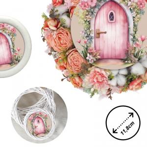 Nyomtatott fa tábla koszorú közép - Tündérajtó rózsaszín 11,8cm