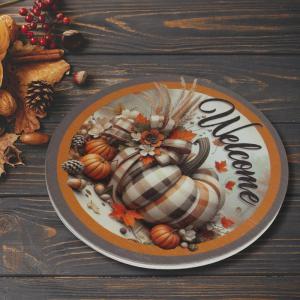 Nyomtatott fa tábla koszorú közép - Welcome kockás tökkel 14,8cm