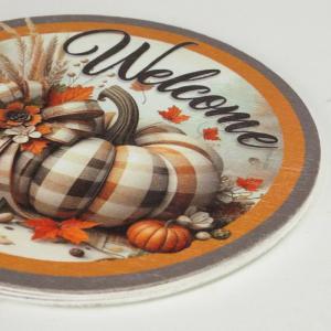 Nyomtatott fa tábla koszorú közép - Welcome kockás tökkel 14,8cm