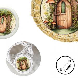 Nyomtatott fa tábla koszorú közép - Zöldablakos manóajtó 14,8cm