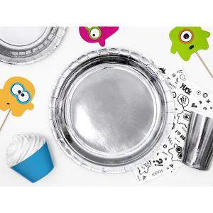 Papír tányér, ezüst, d23cm, 6db/cs