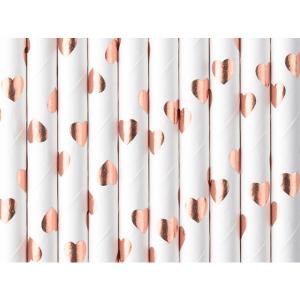 Szívószál papírból, rose-gold szívecskés, 10 db/ csomag