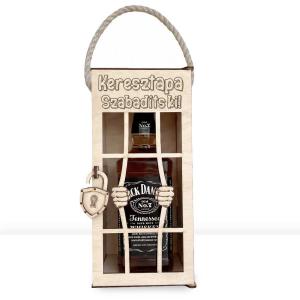 Vicces Börtönös Italos Díszdoboz Fa Italtartó 0,7 l Italokhoz - Keresztapa Szabadíts ki! felirattal Gravírozva - Ajándék Keresztapának