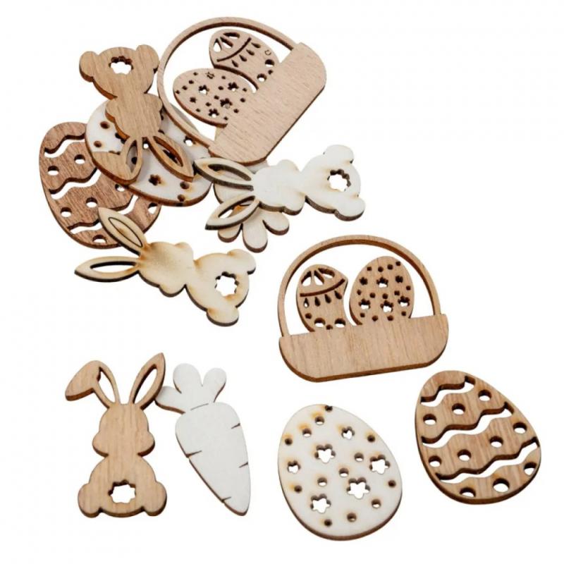 Fa nyuszi-tojás natúr-fehér 4cm 12db-os lézervágott fa dekorkarton