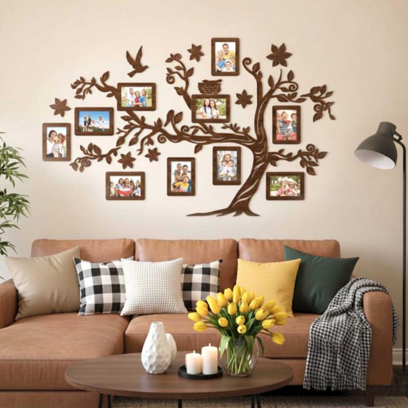 Fali Fa Családfa 10 db Képkerettel 127x78 - Sötétbarna - Egyedi Ajándék, Családfa Otthon Dekoráció