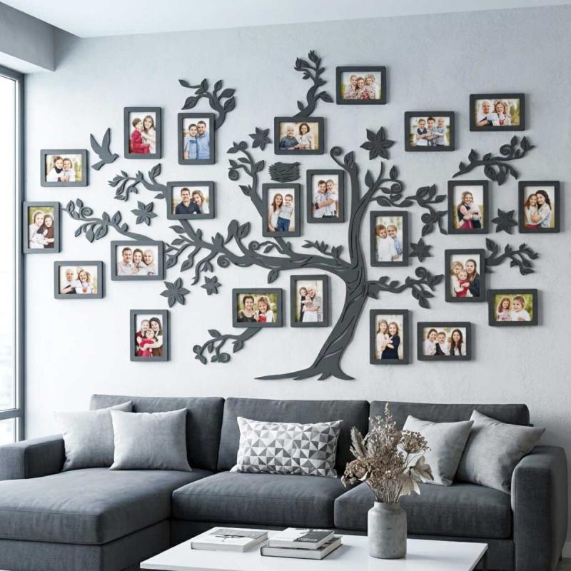 Fali Fa Családfa 10 db Képkerettel 180×110 - Antracit - Egyedi Ajándék, Családfa Otthon Dekoráció