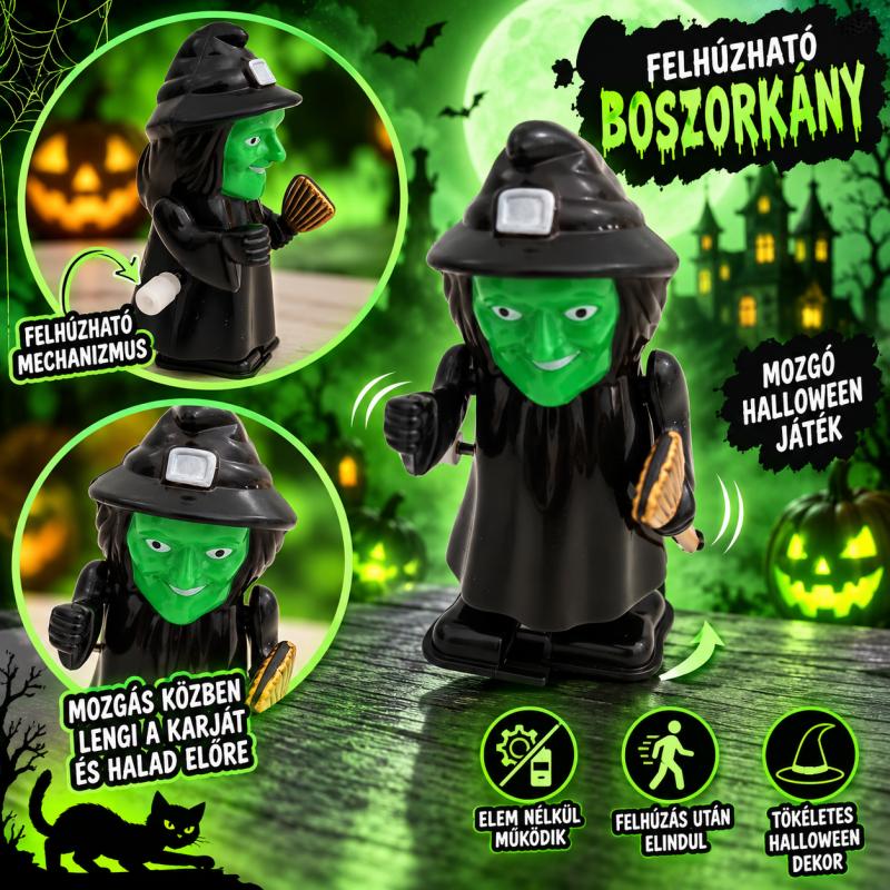 Felhúzható boszorkány figura seprűvel – Halloween játék
