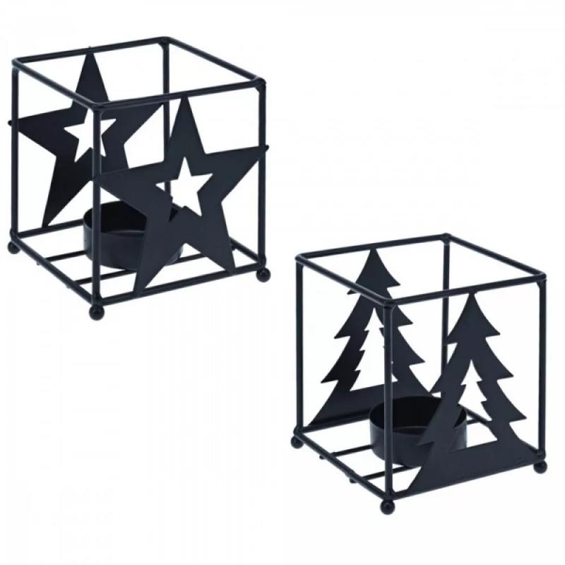 Fém teamécses tartó kocka fekete 9cm - csillag vagy fenyőfa