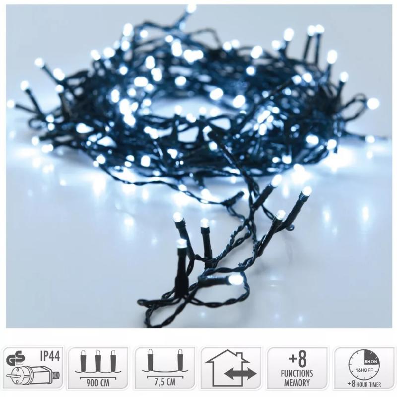 Fényfüzér 120 LED-es időzítős programos adapteres hideg