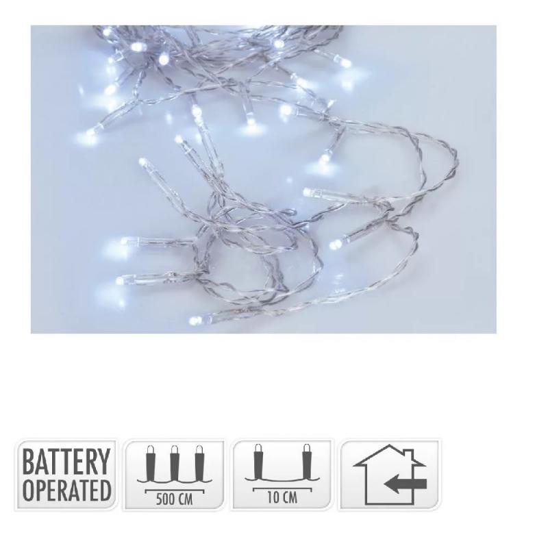 Fényfüzér 50 LED-es transpares elemes (elem nélkül) hideg