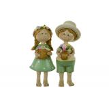 Figura fiú/lány 6.5*6*15.5cm kaspós virággal zöld/barna