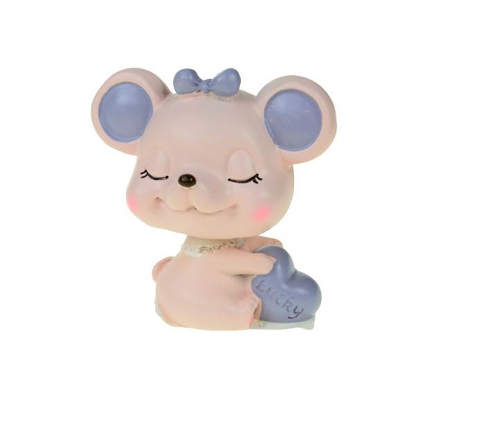 Figura kisegér poly 7*5*8cm Lucky mozgó fejjel rózsaszín