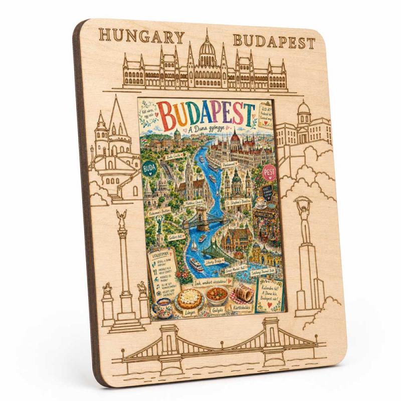 Gravírozott Fa Képkeret Budapest Képpel - Budapest A Duna Gyöngy - Hungary Szuvenír