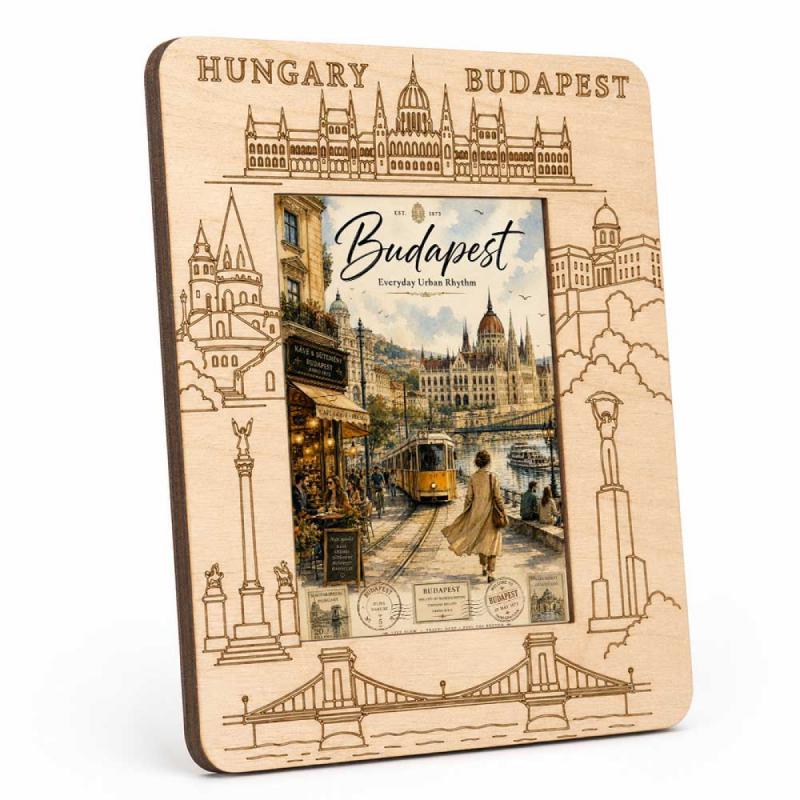 Gravírozott Fa Képkeret Budapest Képpel - Budapest Városi Hangulat Villamossal - Hungary Szuvenír