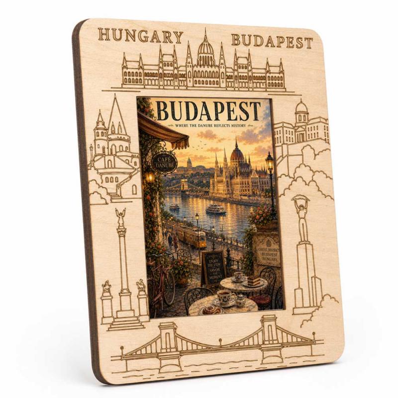 Gravírozott Fa Képkeret Budapest Képpel - Duna-parti Kávéházi Hangulat - Hungary Szuvenír