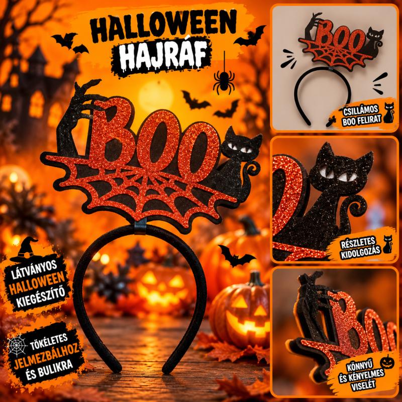 Halloween hajráf – csillámos BOO felirattal, fekete macskával