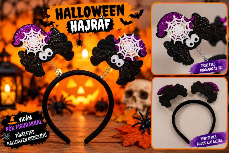 Halloween hajráf – csillámos pókfigurákkal és pókhálóval