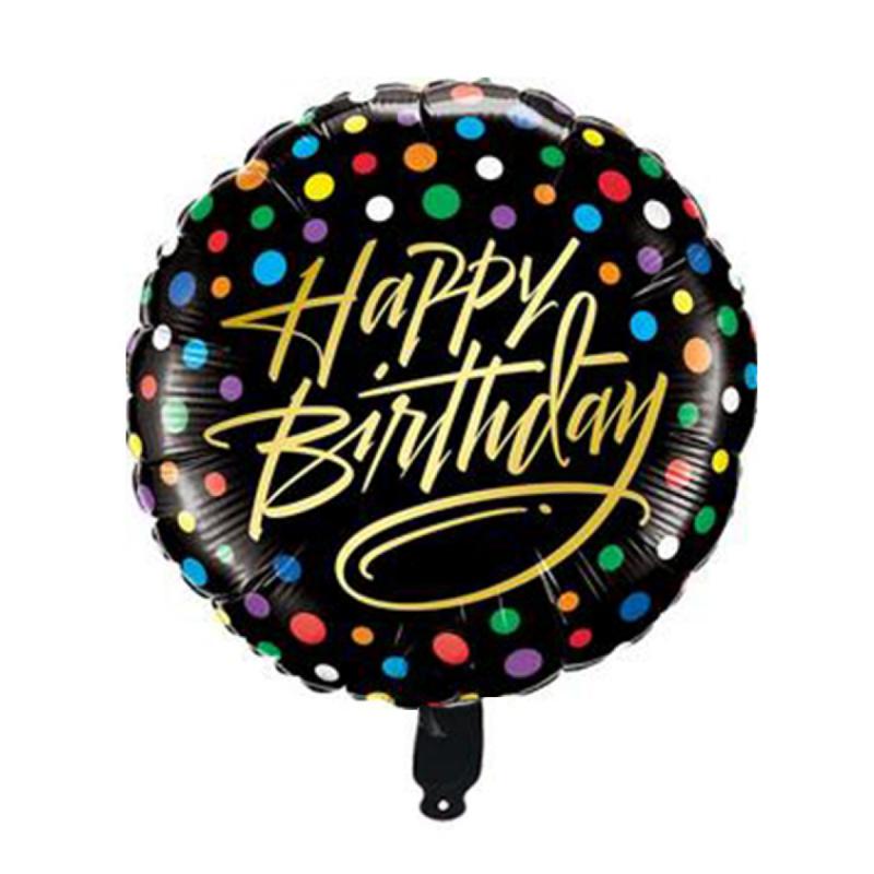 Happy Birthday - kör alakú fekete, színes pöttyös - Fólia Lufi - 45cm - Léggömb