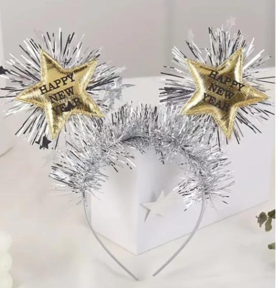 Happy new year, csillagos fejdísz, arany, ezüst boával