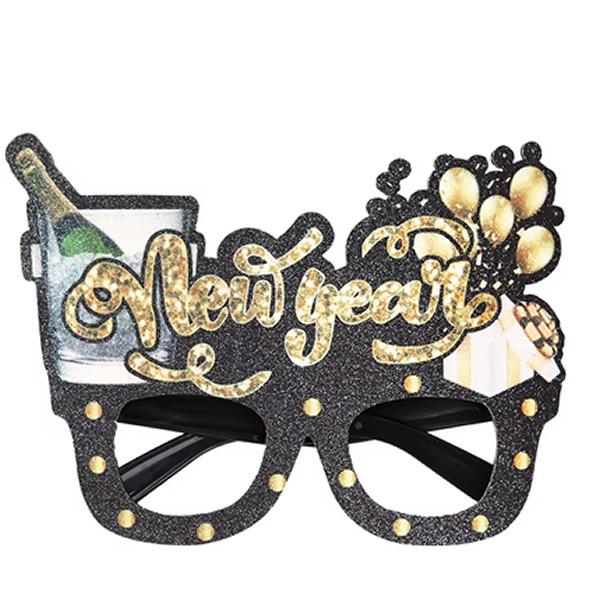 Happy New Year glitteres szemüveg, pezsgõ és lufik