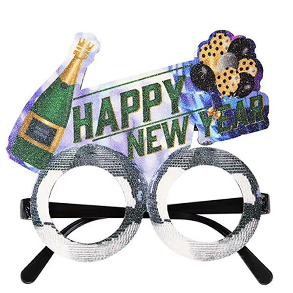 Happy New Year glitteres szemüveg, pezsgõ és lufik színes