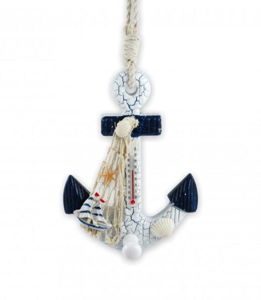 Horgony hőmérő 23cm halászhálóval kagylókkal hajóval