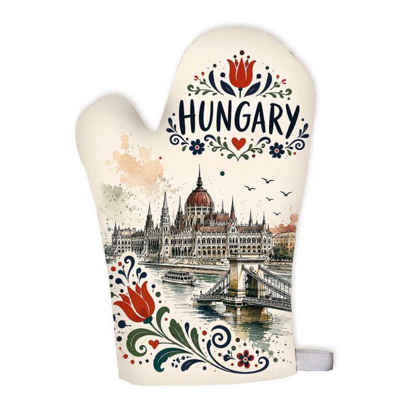 Hungary főzőkesztyű Parlament és Lánchíd Kalocsais mintával – Magyar szuvenír