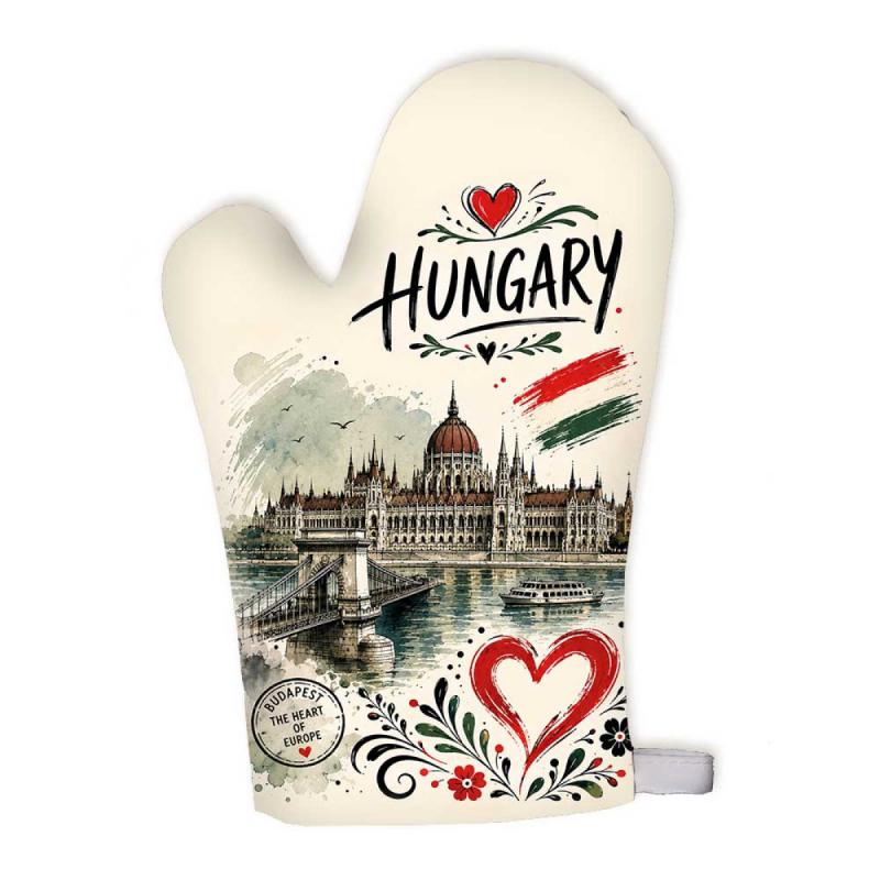 Hungary főzőkesztyű Parlament és Lánchíd mintával – Magyar szuvenír