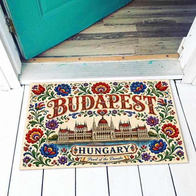 Hungary Lábtörlő - Budapest Hungary lábtörlő kalocsai mintával 40×60 cm – Pearl of the Danube ajándék