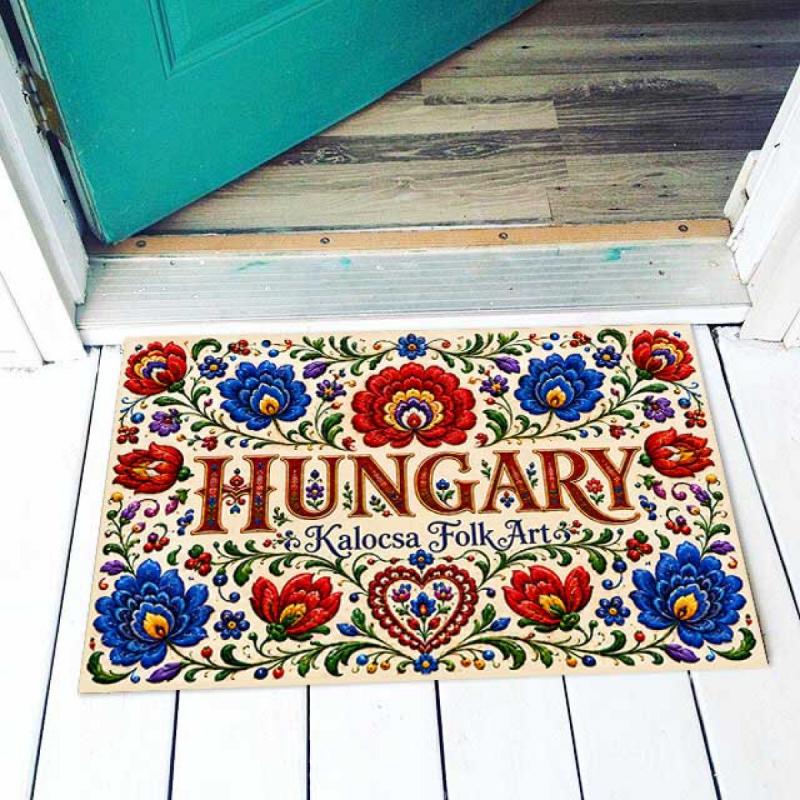 Hungary Lábtörlő - Hungary Kalocsa Folk Art lábtörlő 40×60 cm – kalocsai mintás magyar ajándék